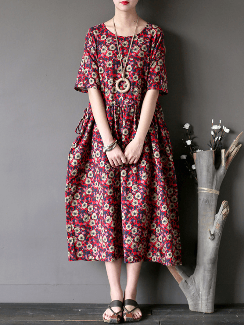 Vintage Floral Printed Short Sleeve Women Dress - MRSLM