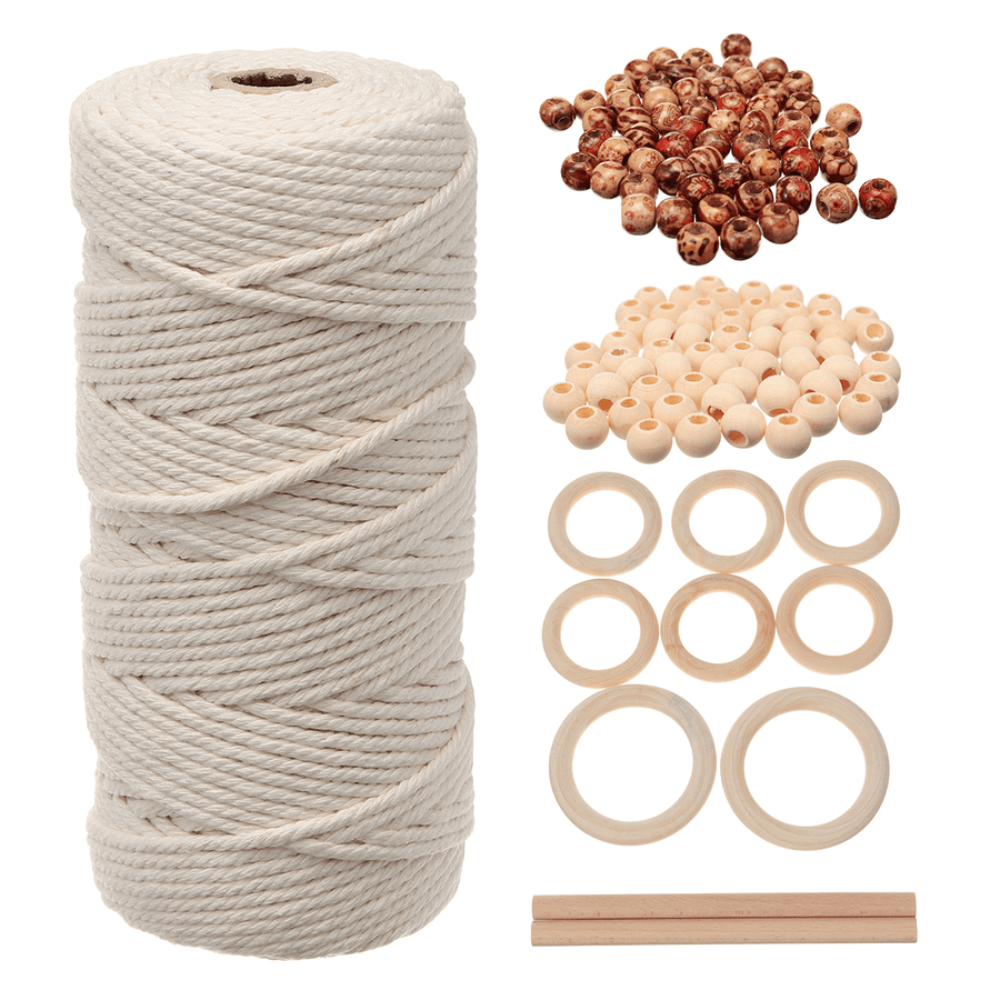 DIY Craft Cord Yarn Natural Cotton Wooden Bead Kit Tapestry Macrame Wall Hanging - MRSLM