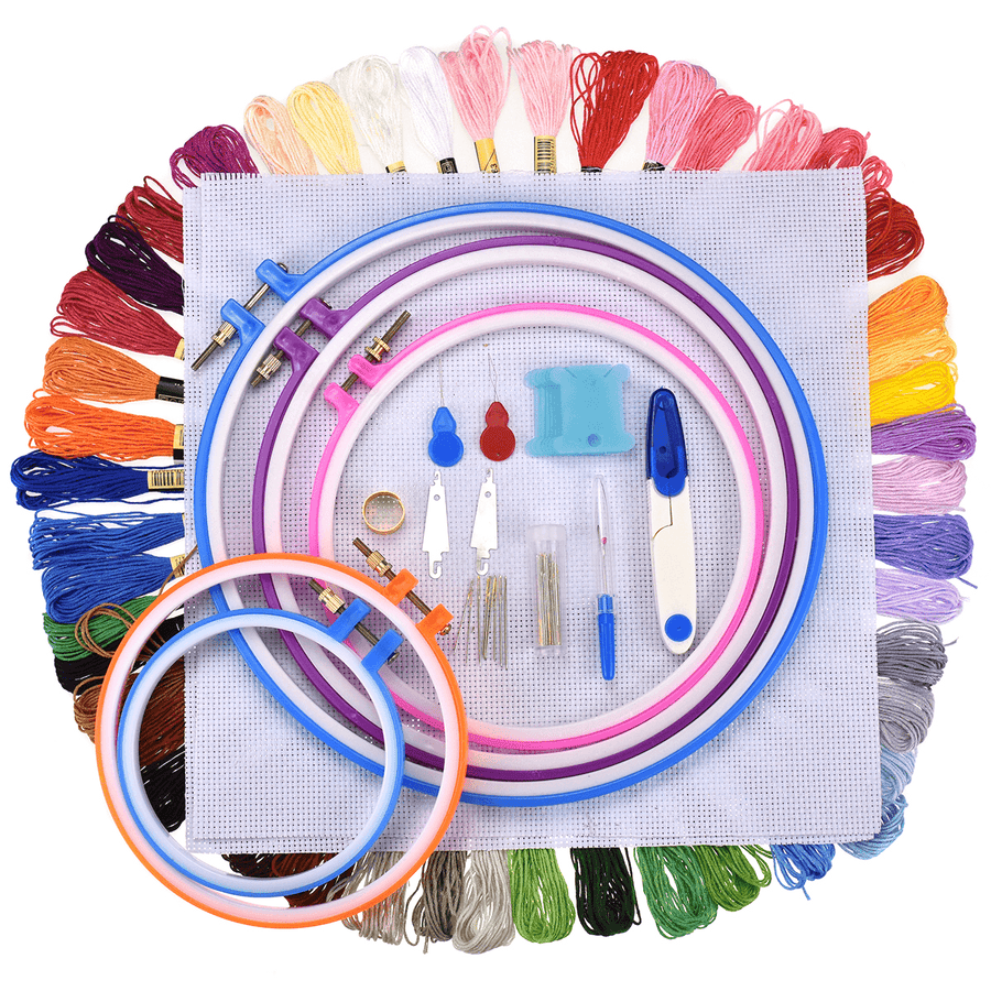 5PCS Embroidery Circles Set 50 Colors Embroidery Thread Sewing Tool Adjustable Skein Punch Needle Stitching Kits - MRSLM