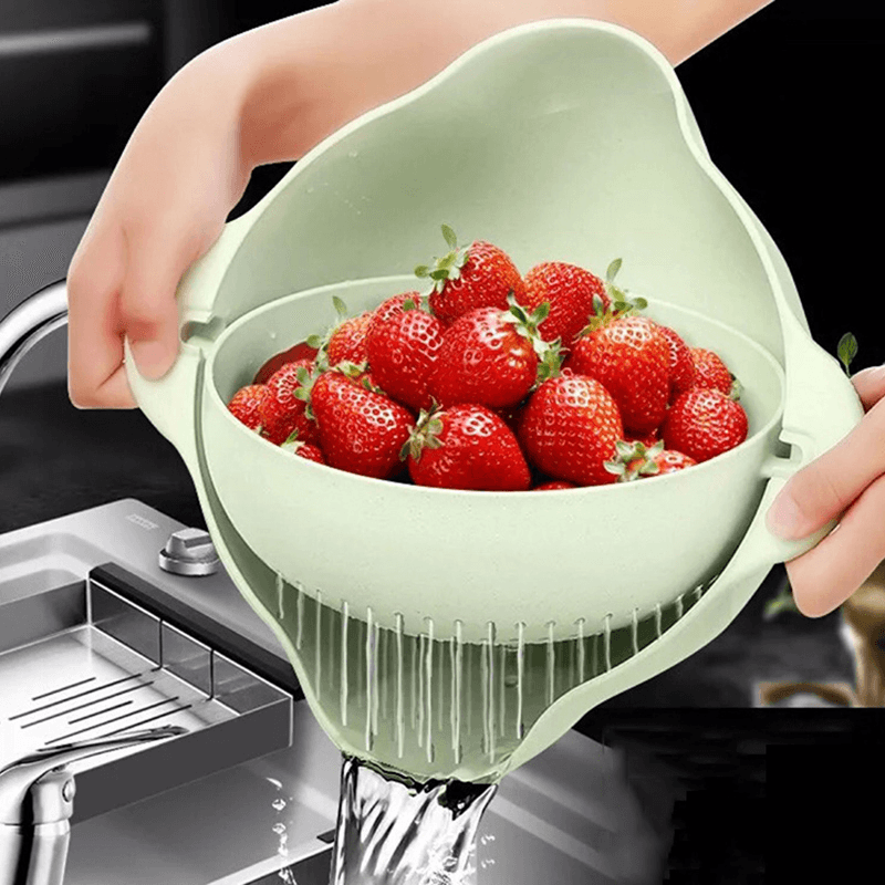 Kitchen Double Drain Basket 360° Rotation Fruit Vegetable Bowl Noodles Rice Washing Strainer Home Pool Drainer Organizer - MRSLM