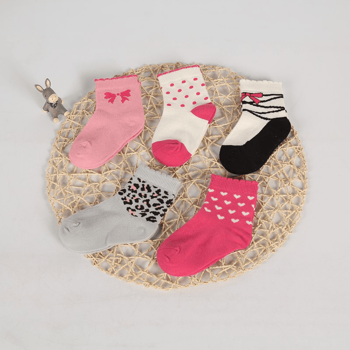 5 Pairs of Children Four Seasons Tube Socks Pink Gray Leopard Print - MRSLM