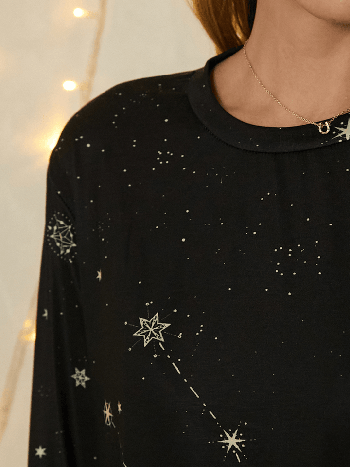 Women Taurus Print Stars Moon O-Neck Long Sleeve Casual T-Shirt - MRSLM