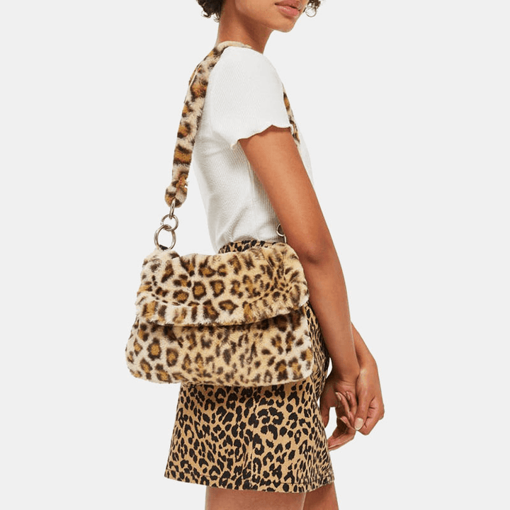 Women Felt Fashion Casual Leopard Pattern Soft Warm Shoulder Bag Handbag - MRSLM