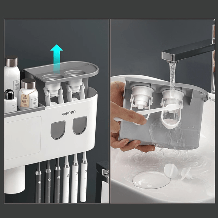 Magnetic Adsorption Inverted Toothbrush Holder Automatic Toothpaste Dispenser Holder Wall Mount Rack Storage for Bathroom Home - MRSLM