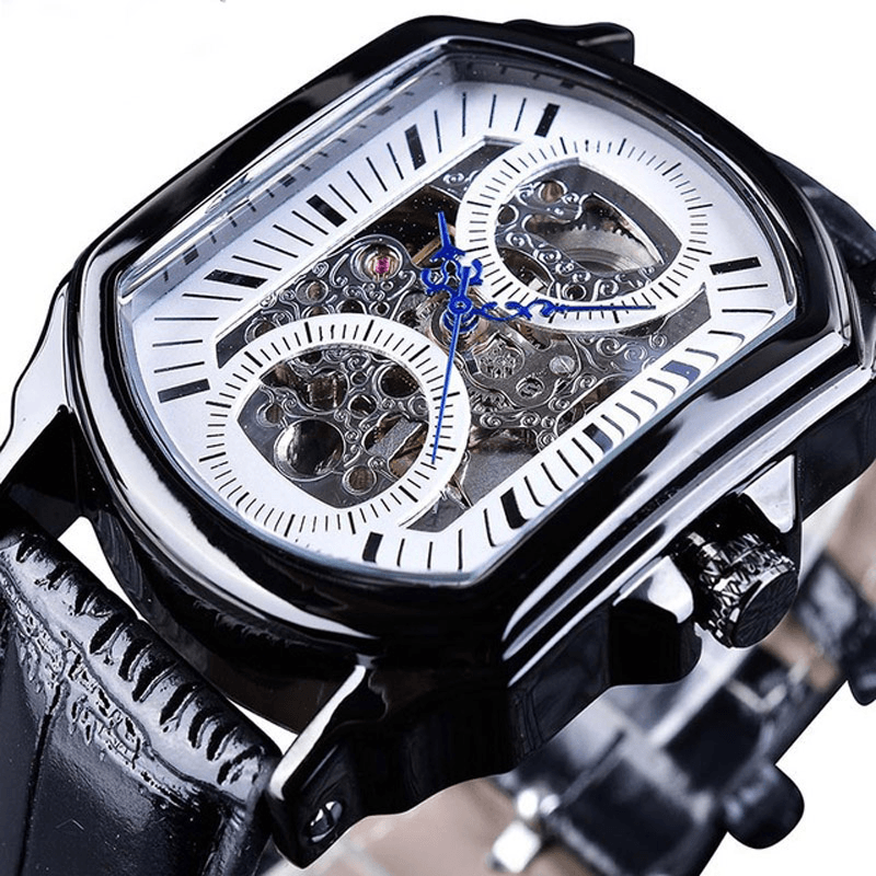 Forsining GMT911 Fashion Men Watch Hollow Engraving Design Leather Strap Mechanical Watch - MRSLM
