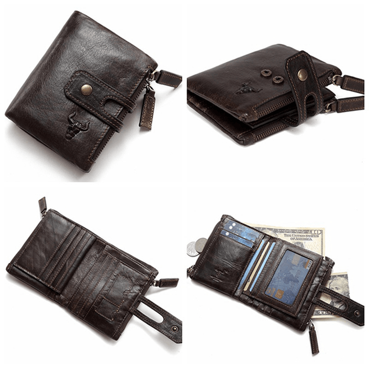 Men Genuine Leather RFID Antimagnetic Double Zipper Wallet - MRSLM