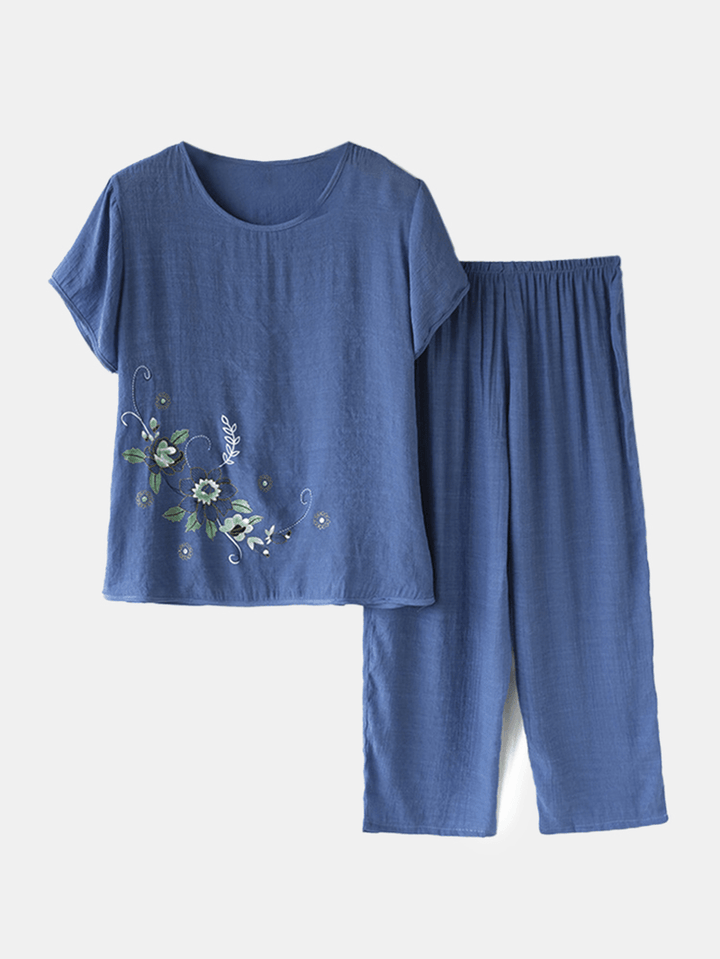 Women Vintage Flower Print Loungewear Short Sleeve Breathable Pajamas - MRSLM