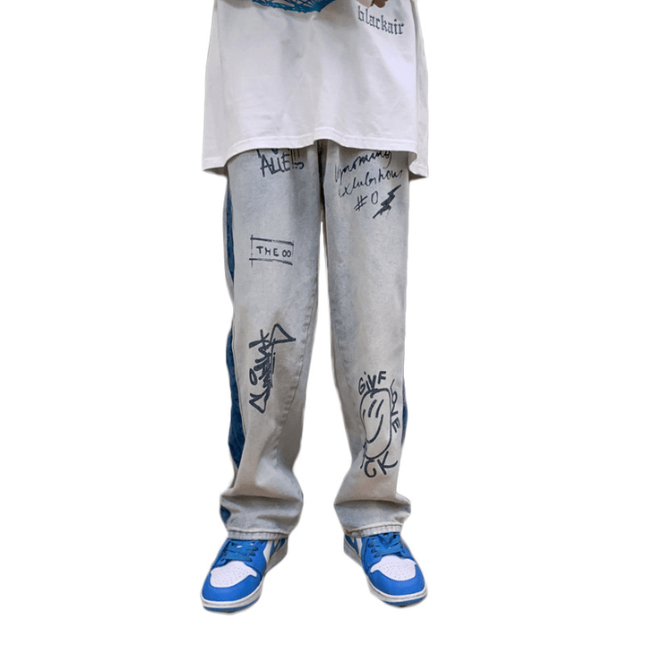 Trendy Brand Jeans Men'S Loose Fashion Long Pants Personality Printing Straight-Leg Pants - MRSLM