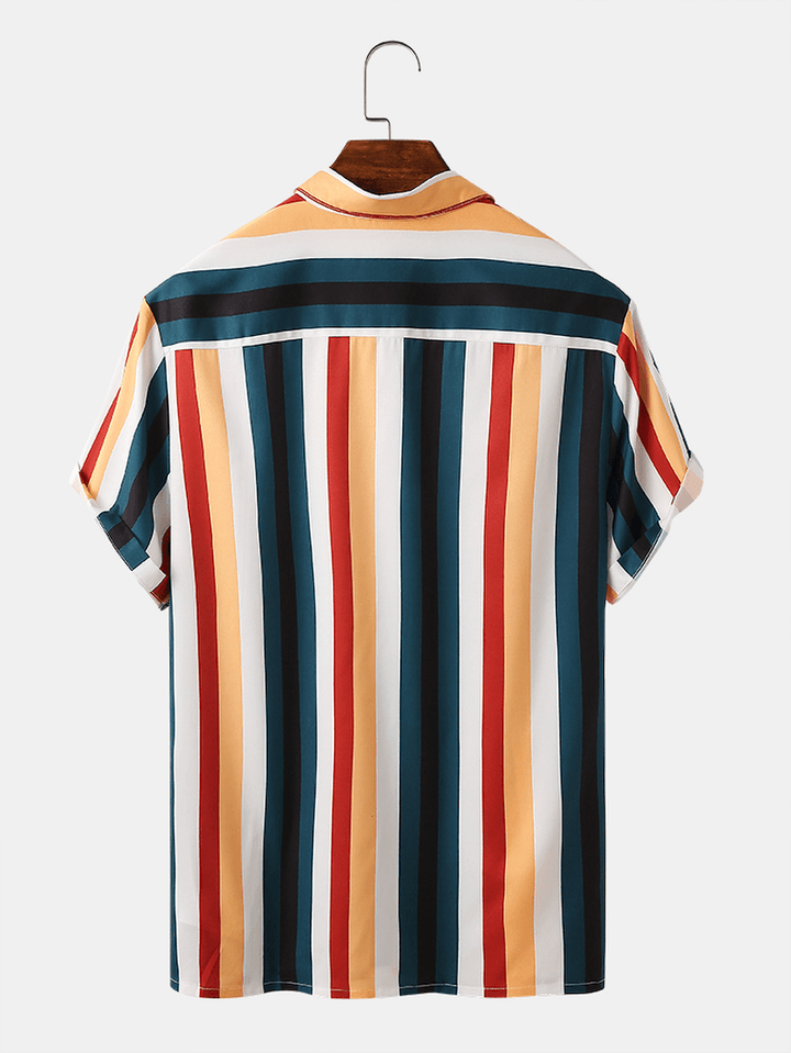 Mens Colorful Striped Turn down Collar Short Sleeve Shirts - MRSLM