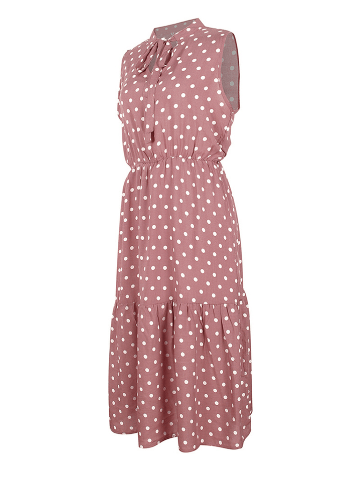 Polka Dot Print V-Neck Sleeveless Knotted Pleated Dress for Women - MRSLM