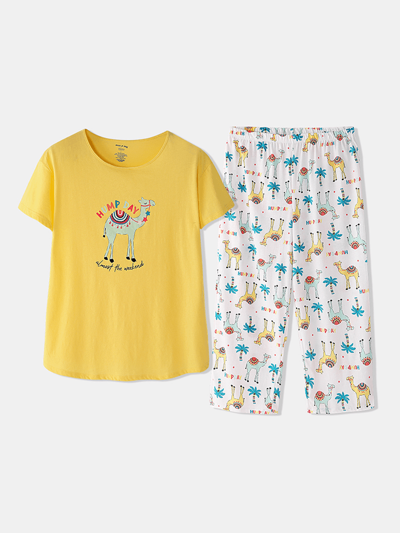 Plus Size Women Funny Cartoon Animal Alpaca Print Short Sleeve Softies Home Pajama Set - MRSLM