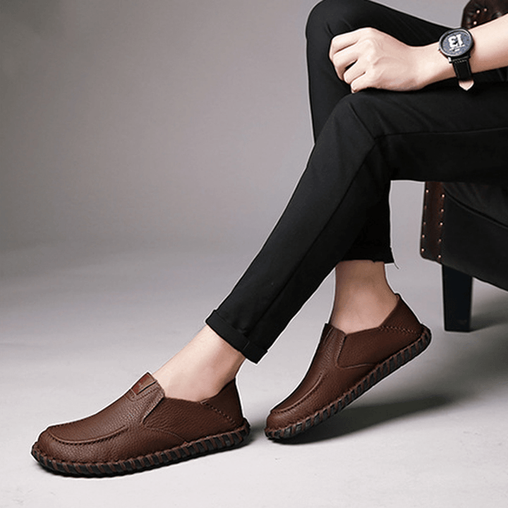 Men Soft Breathable Flat Shoes Casual Outdoor Leather Slip on Oxfords - MRSLM