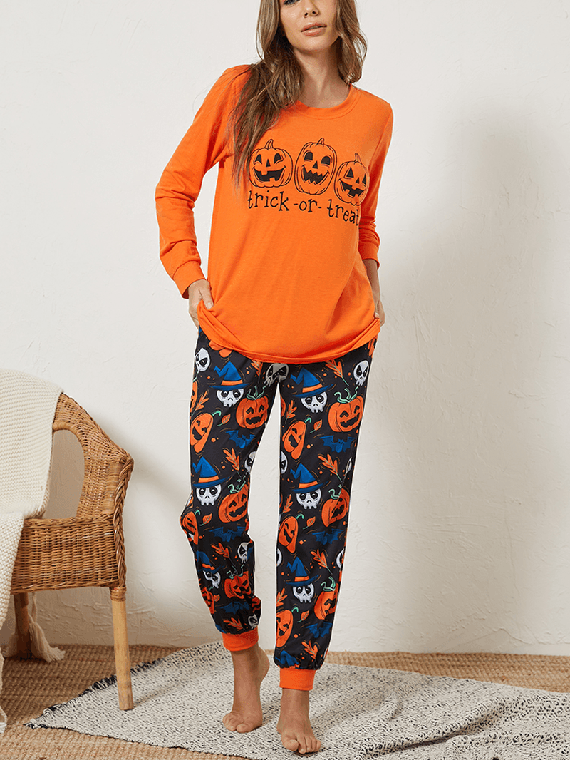 Plus Size Women Halloween Cartoon Pumpkin & Ghost Elastic Waist Jogger Pants Cozy Pajama Set - MRSLM