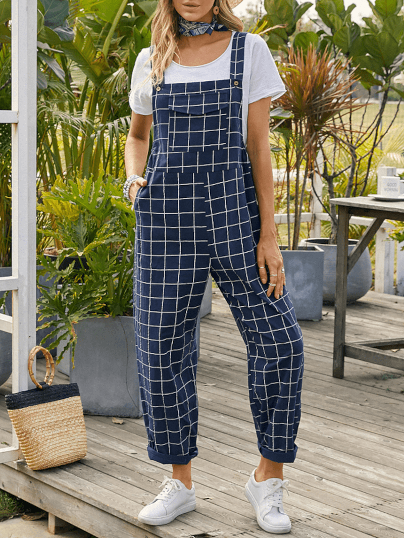 Women Grid Adjustable Strappy Sleeveless Casual Jumpsuits with Flap Pocket - MRSLM