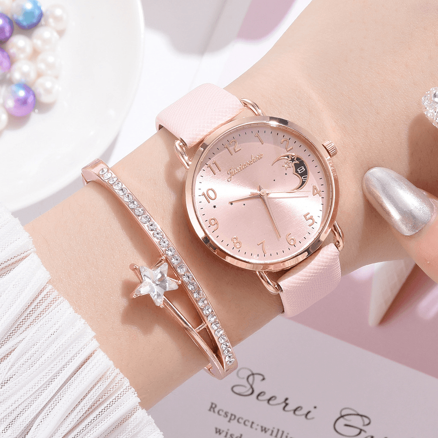 XR4379 Elegant Luxury 2Pcs Watch Set Women Bracelet Quartz Watch Moon Starry Dial Leather Strap Ladies Gift - MRSLM