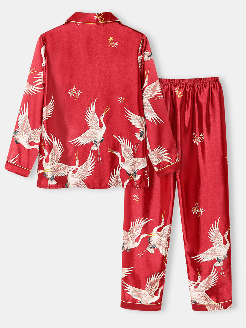 Plus Size Women Crane Pattern Revere Collar Ice Silk Home Casual Pajama Sets - MRSLM