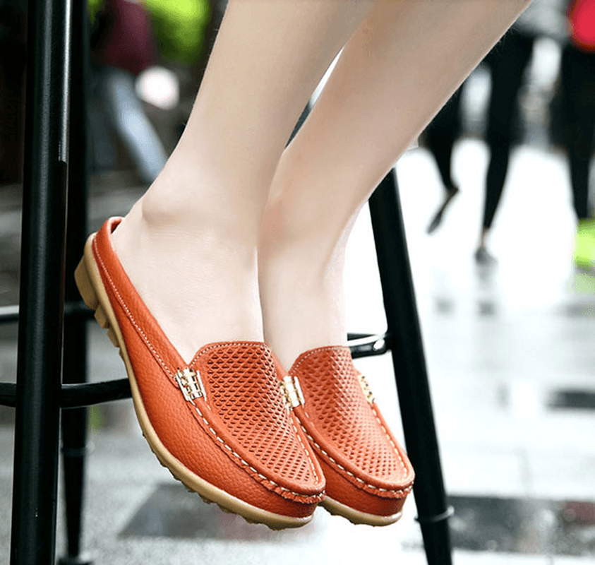 US Size 5-10 New Women Casual Fashion Breathable round Toe Slip-On Leather Flat Sandals Shoes - MRSLM