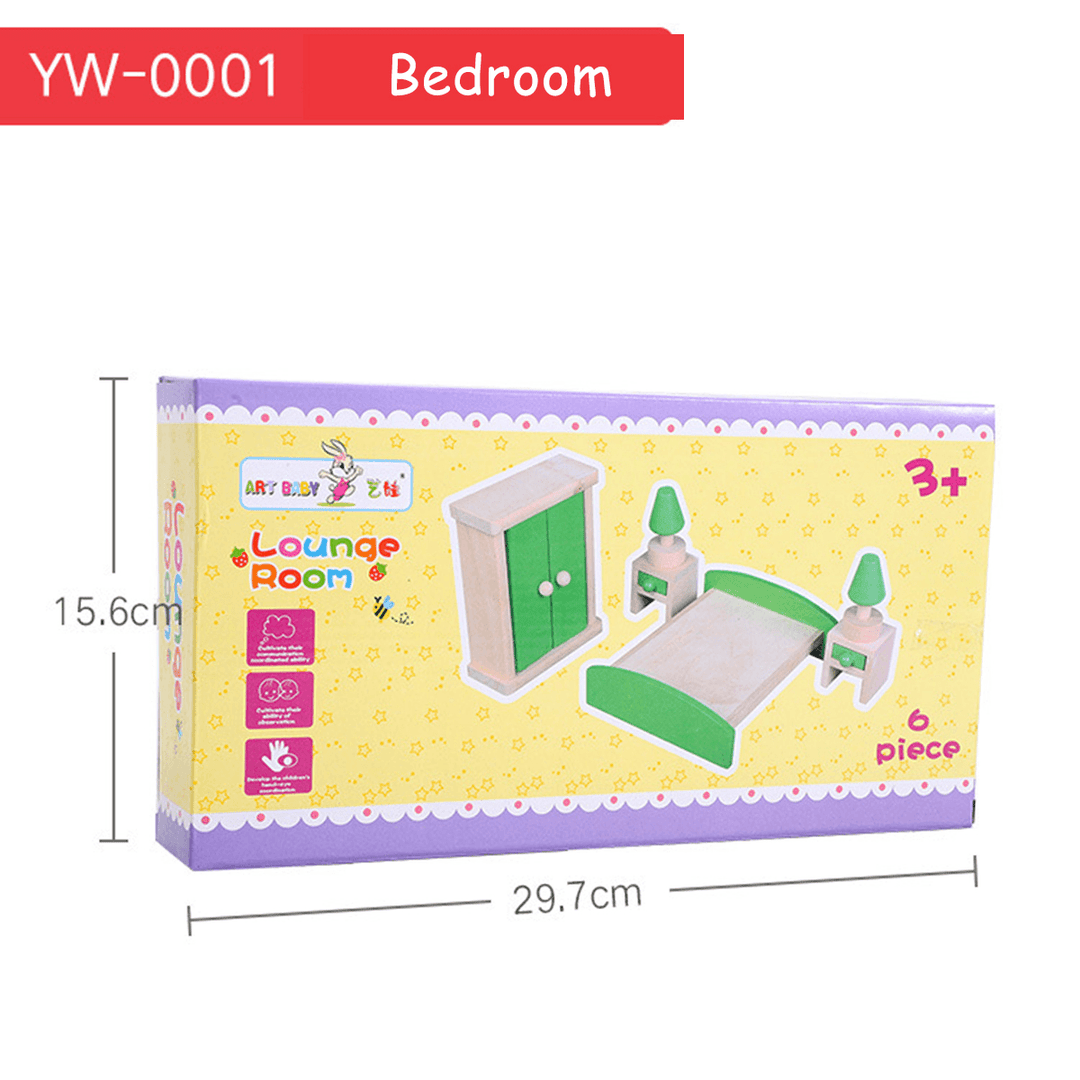 Doll House Miniature Wooden Furniture Bathroom Kitchen Living Room Bedroom Set Kid Toys - MRSLM