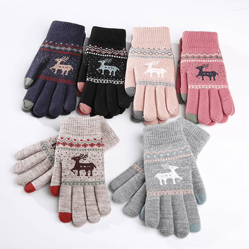 Women Girls Winter Crochet Knitted Warm Gloves Touch Screen Cute Deer Printing Mittens - MRSLM