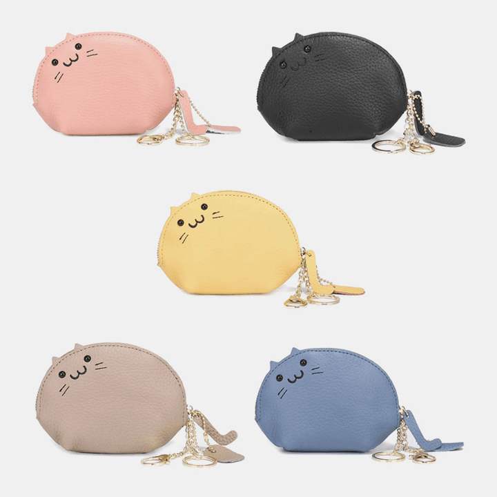 Women Genuine Leather Casual Cute Animal Cat Pattern Mini Hanging Coin Bag Storage Bag - MRSLM