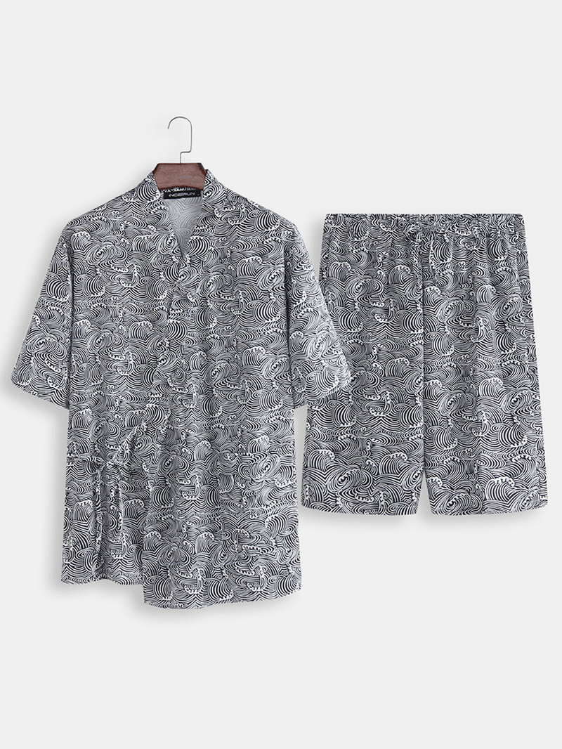 2PCS Men'S Kimono Yukata Pyjamas Japanese Style Bathrobe Floral Print Sleepwear - MRSLM