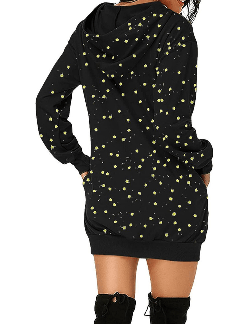 Women Christmas Cartoon Pattern Pocket Print Star Spot Long Sleeve Hooded Sweatshirt - MRSLM