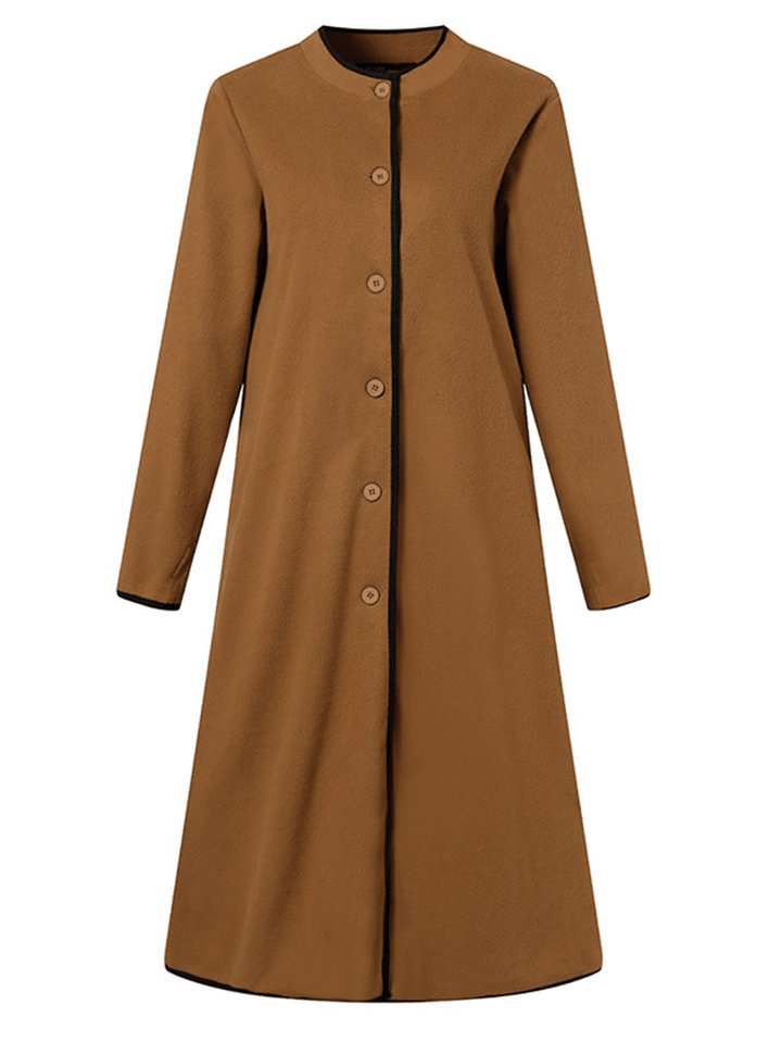 Women Solid Color Button up Long Sleeve Vintage Dresses with Side Pocket - MRSLM