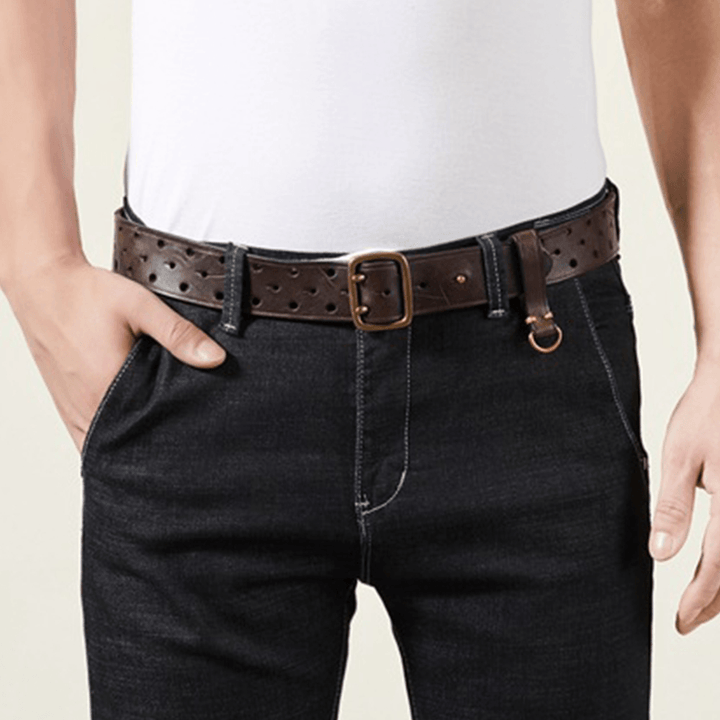 Men Genuine Leather Hollow 120CM Retro Double Pin Buckle Matte Breathable Jeans Suits Belt - MRSLM