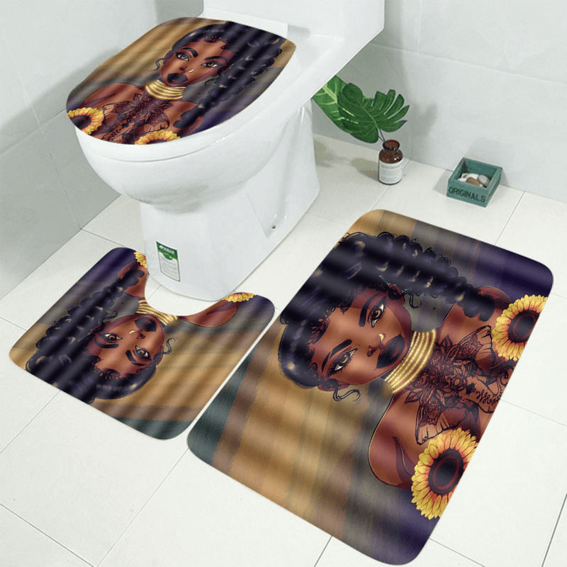 African Black Woman Girl Bathroom Shower Curtain Toilet Cover Pedestal Decor Set - MRSLM