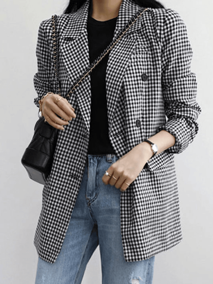 Women Plaid Casual Full Sleeve Knee Length Retro Business Unlined Suits - MRSLM