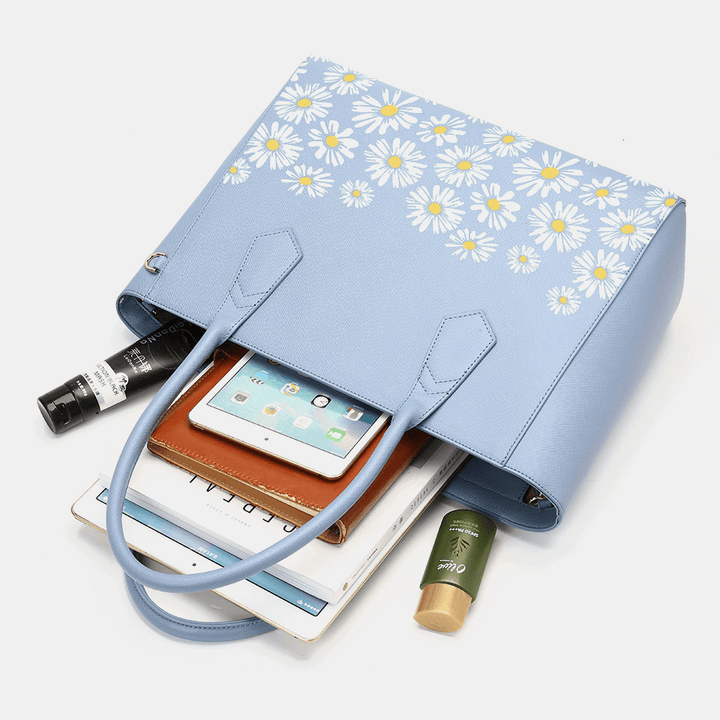 Women PU Leather Daisy Multifunction Multi-Pocket 13.3 Inch Laptop Key Handbag Shoulder Bag - MRSLM