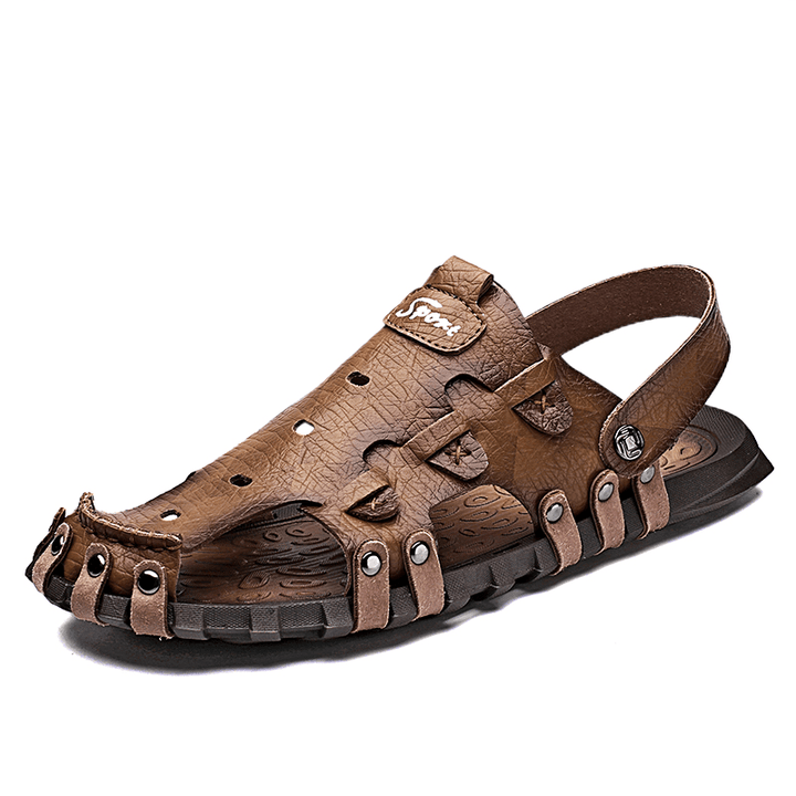 Men PU Sandals Two-Ways Breathable Closed Toe Casual Vintage Slippers - MRSLM