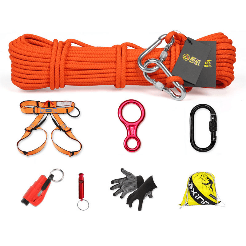 XINDA 8 in 1 Outdoor Survival Kits 10M Climbing Rope Safety Belt Carabiner Window Breaker Gloves Whistle Speed-Drop Ring Non-Slip Hiking Fire Escape Tools - MRSLM