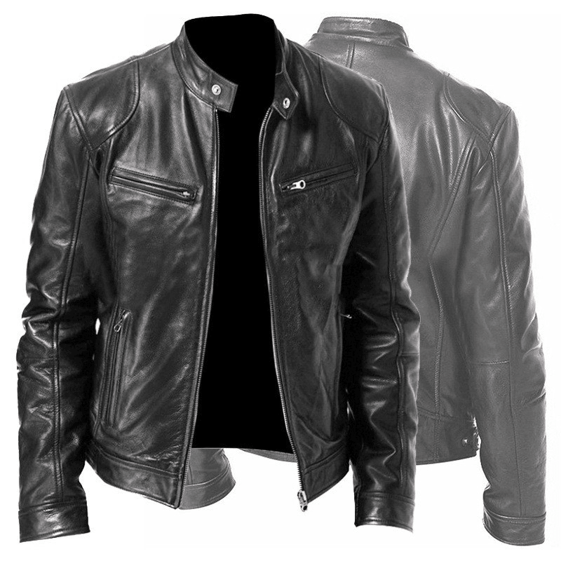 Men'S Zip Cardigan PU Leather Jacket with Stand Collar - MRSLM