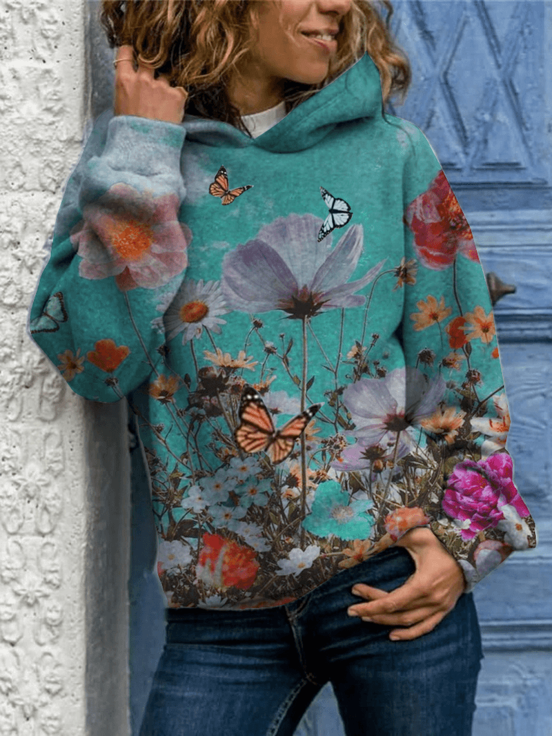 Women Butterfly Flower Print Long Sleeve Casual Pullover Hoodies - MRSLM