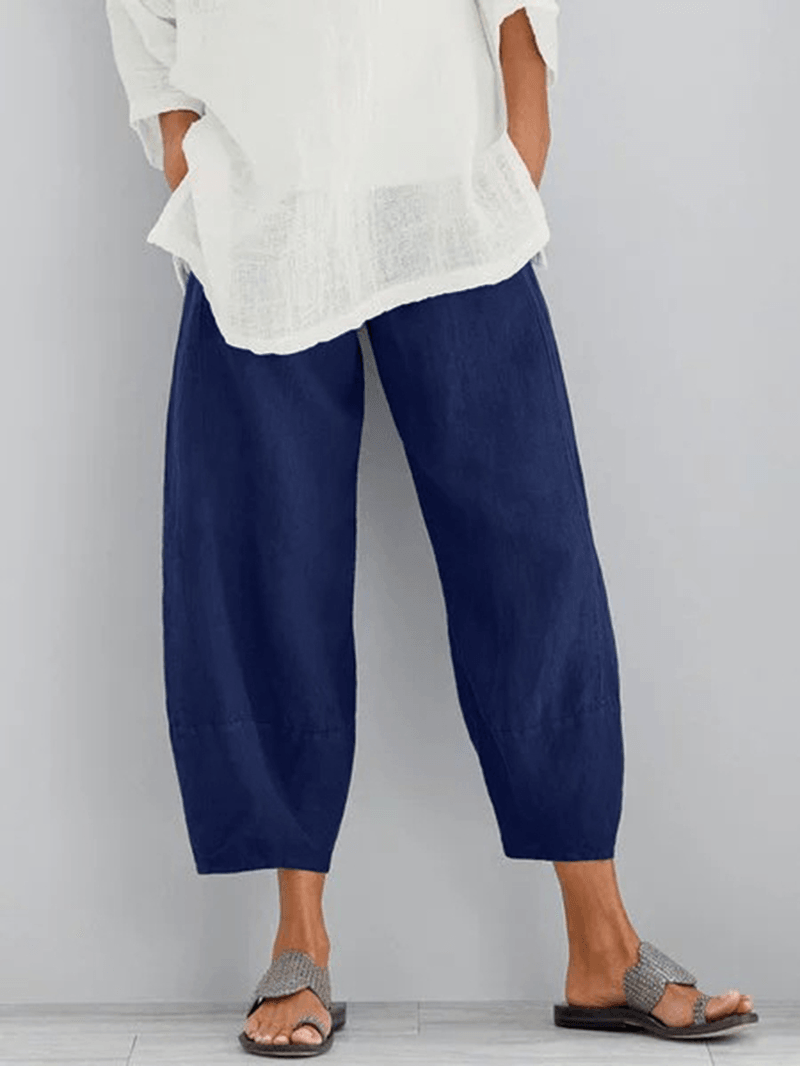 Women Solid Color Cotton Elastic Waist Trouser Pants - MRSLM