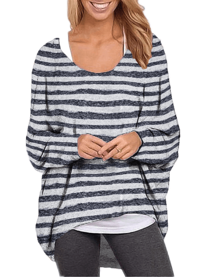 Women Long Sleeve O-Neck Stripe Baggy High Low Hem Casual Blouse - MRSLM