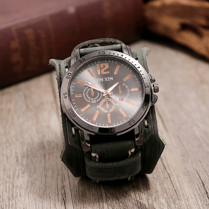 Deffrun Retro Style Decorative Three Dial Quartz Watch Cowhide Leather Band Men Wrist Watch - MRSLM