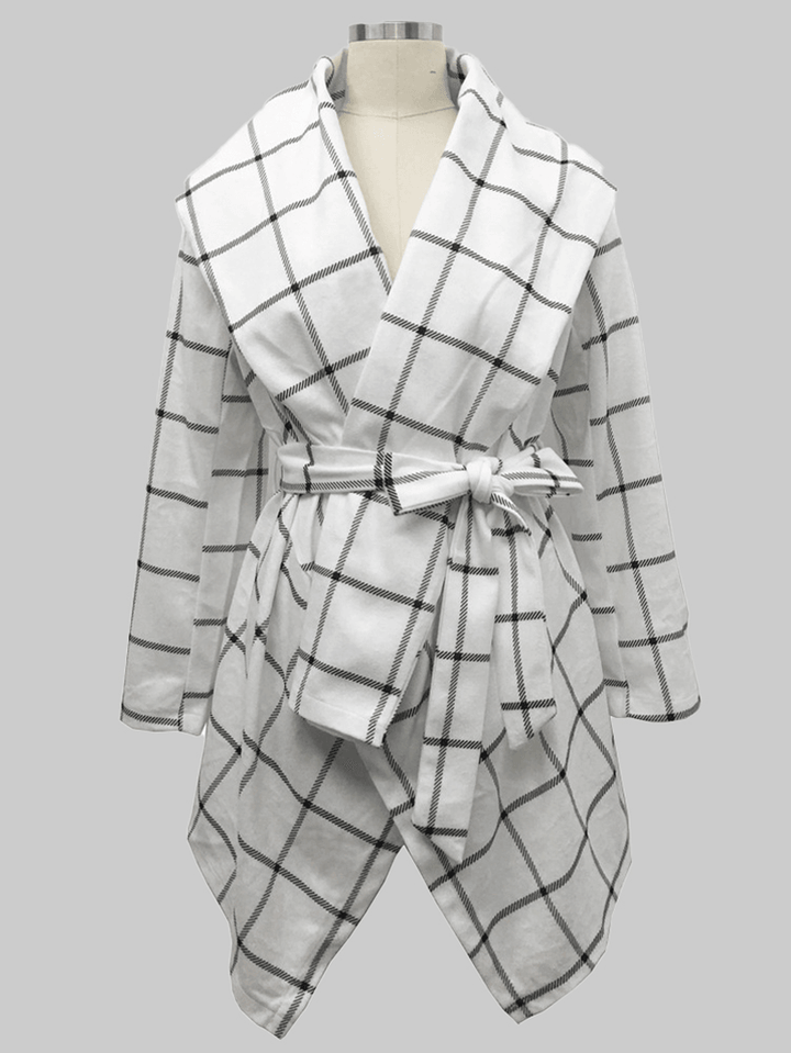 Women Plaid Long Sleeve Asymmetrical Hem Coats with Sashes - MRSLM