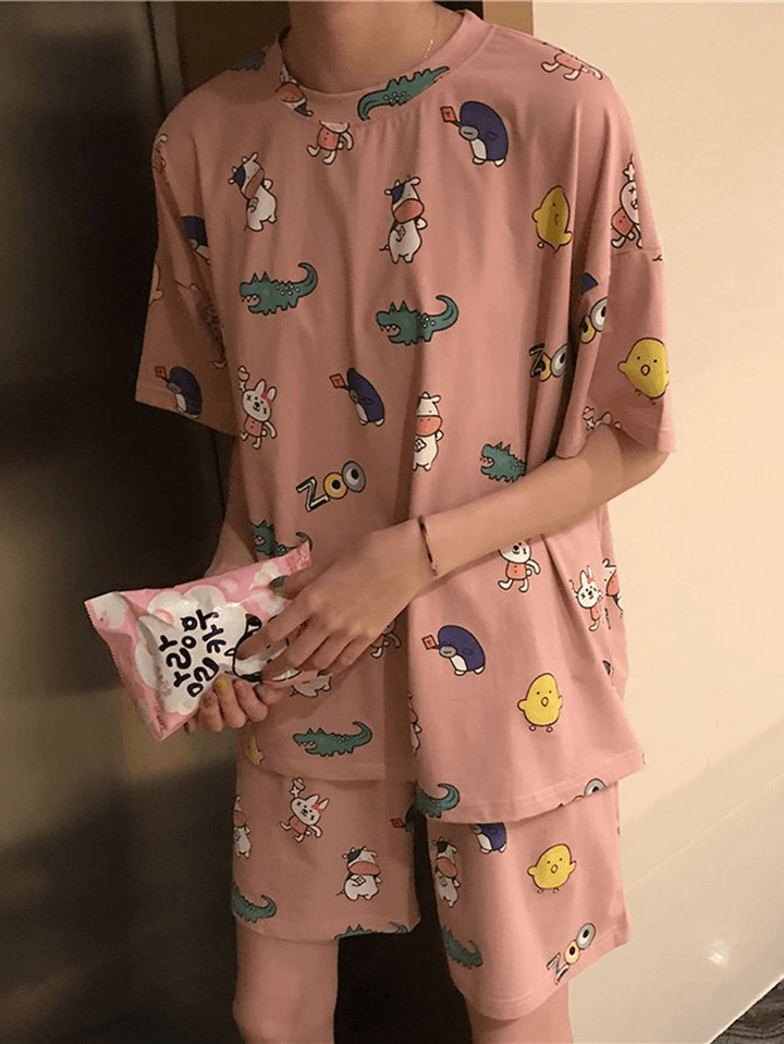 Women Funny Cartoon Animal Print Short Sleeve Two Piece Home Casual Pajama Set - MRSLM