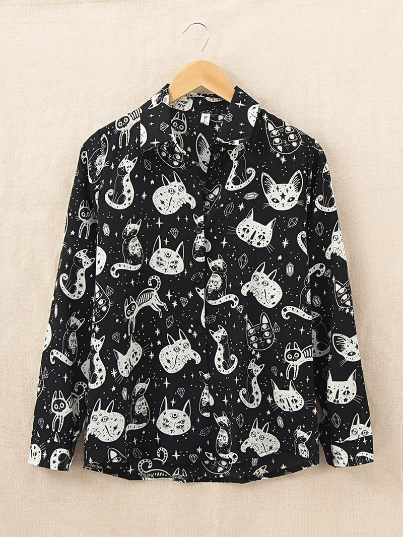 Women Casual Cartoon Cat Funny Print Turn-Down Collar Long Sleeve Button Shirts - MRSLM