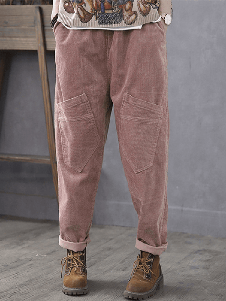 Women Corduroy Cargo Style Elastic Waist Pants with Multi Pocket - MRSLM