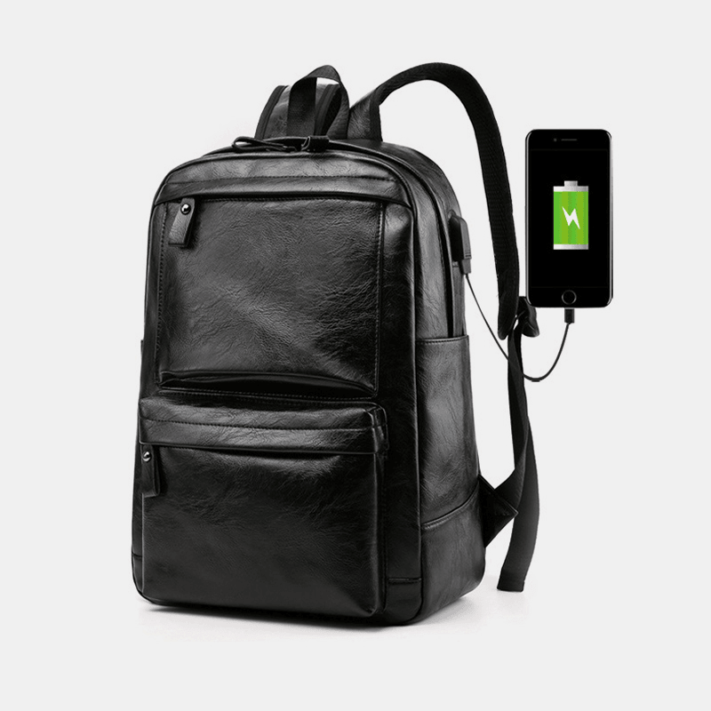 Men USB Charging Faux Leather Business Retro Large Capacity Waterproof 15.6 Inch Laptop Bag Backpack - MRSLM