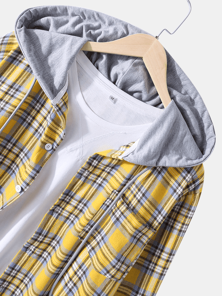 Colorful Plaid Print Chest Pocket Long Sleeve Cotton Hooded Shirts for Men - MRSLM