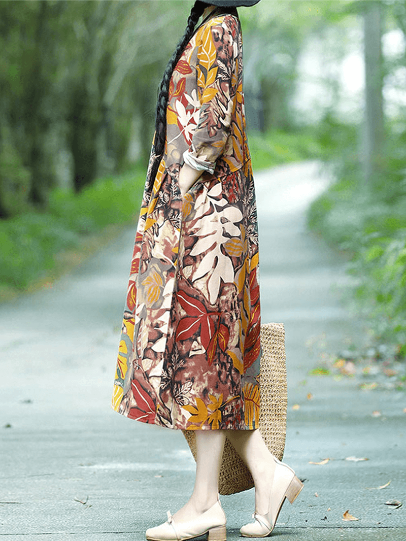 Floral Leaf Print Vintage Casual Midi Dress with Side Pockets - MRSLM