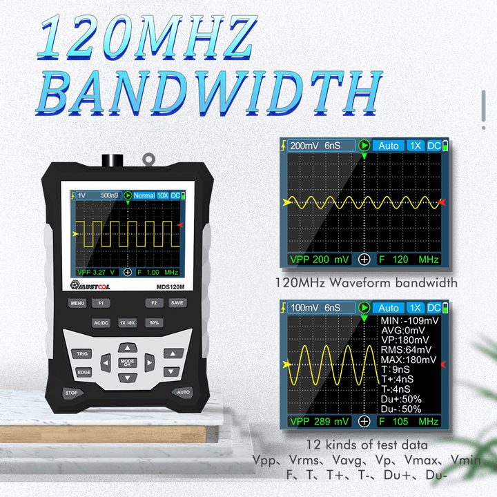 MUSTOOL MDS120M Professional Digital Oscilloscope 120Mhz Analog Bandwidth 500Ms/S Sampling Rate 320X240 LCD Screen Support Waveform Storage with Backlight - MRSLM