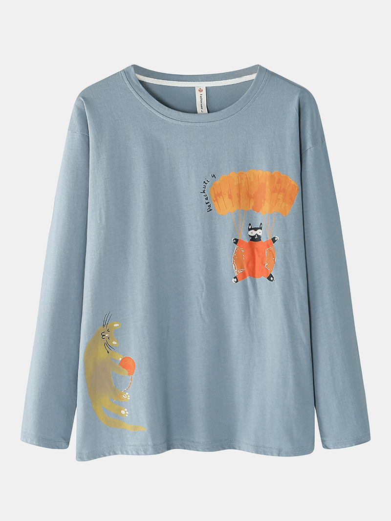 Women Funny Cartoon Cat Print round Neck Pullover Elastic Waist Home Cotton Pajama Set - MRSLM