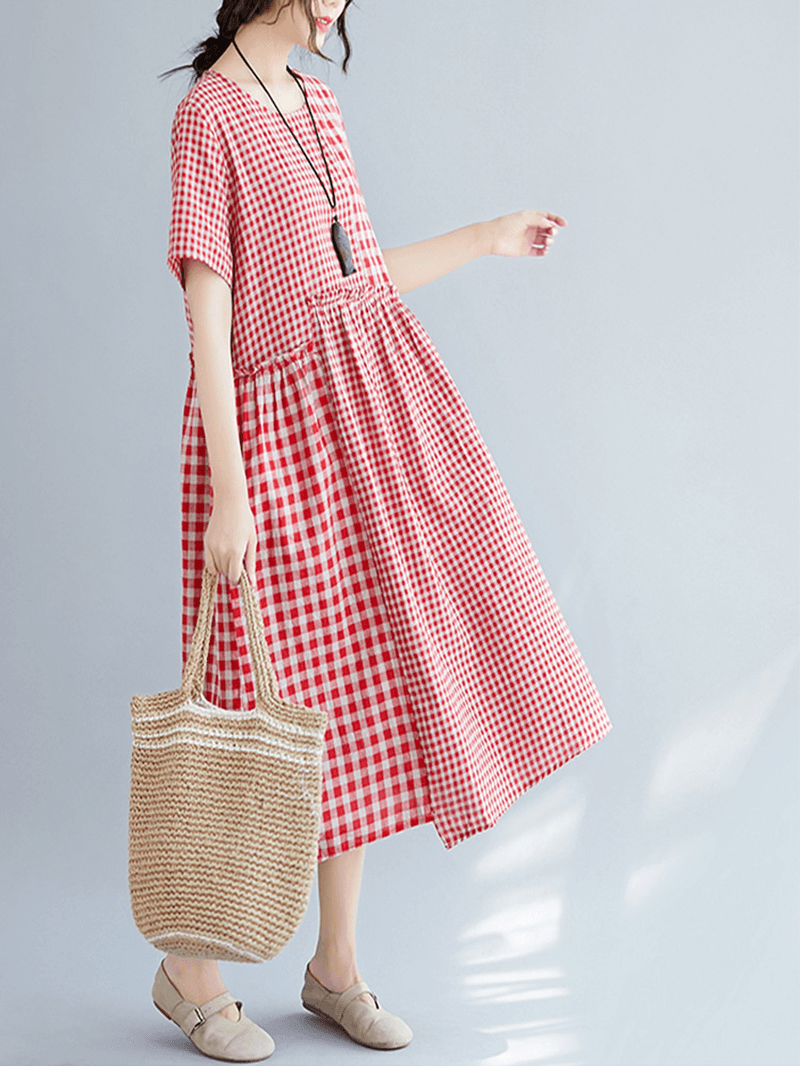 Vintage Cotton Linen Plaid Loose Dress - MRSLM