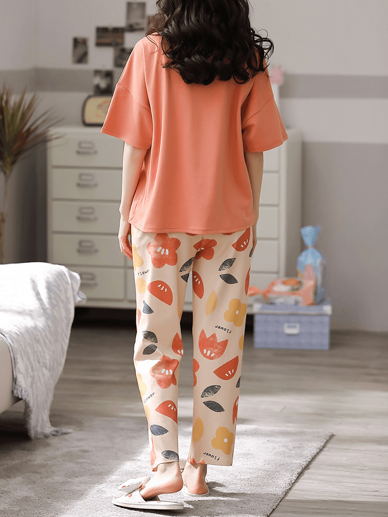 Women Floral Pattern Letter Print Short Sleeve Pocket Elastic Waist Home Pajama Sets - MRSLM