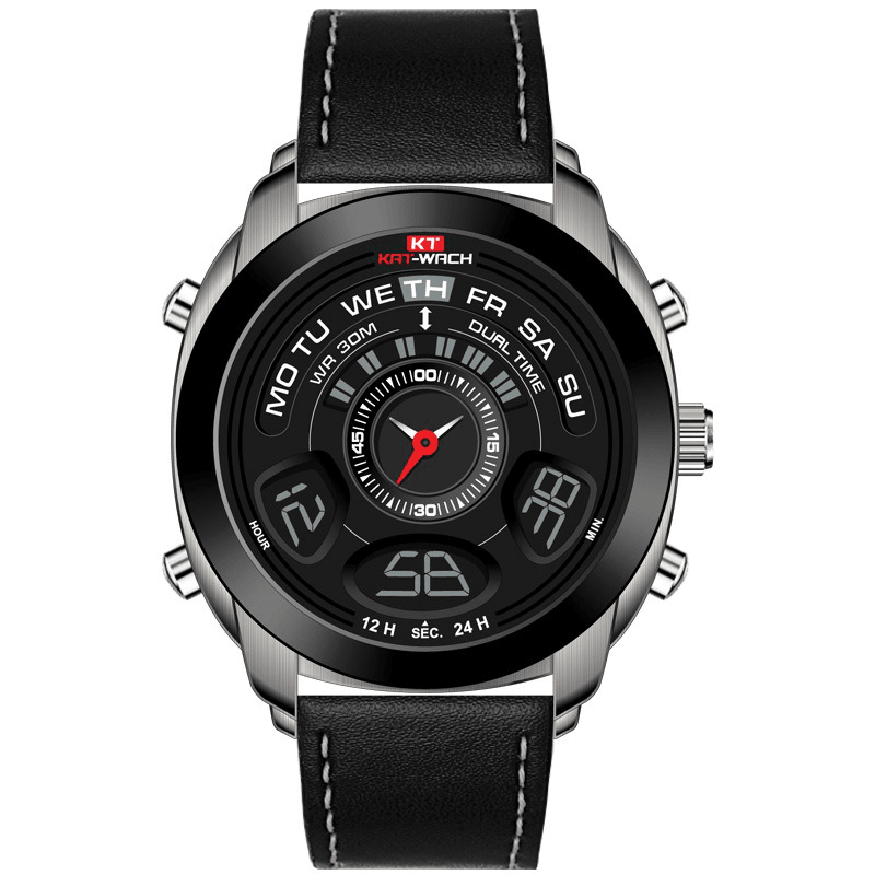 KAT-WACH 731 Fashion Sport Men Digital Watch Date Week Month Display Chronograph Leather Strap LED Dual Display Watch - MRSLM
